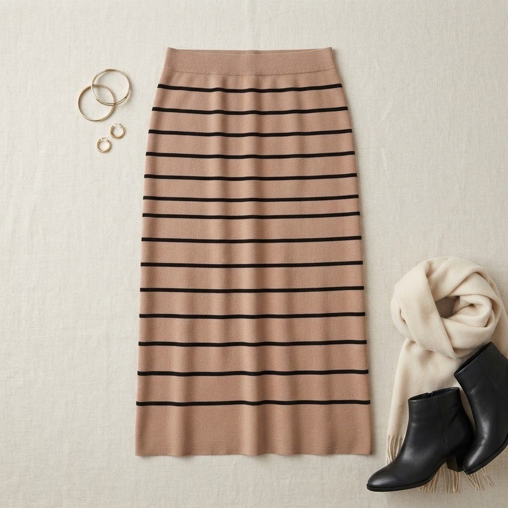 Joie Knit Midi Skirt Womens Large Tan Black Striped Pull On Casual Chic Preppy